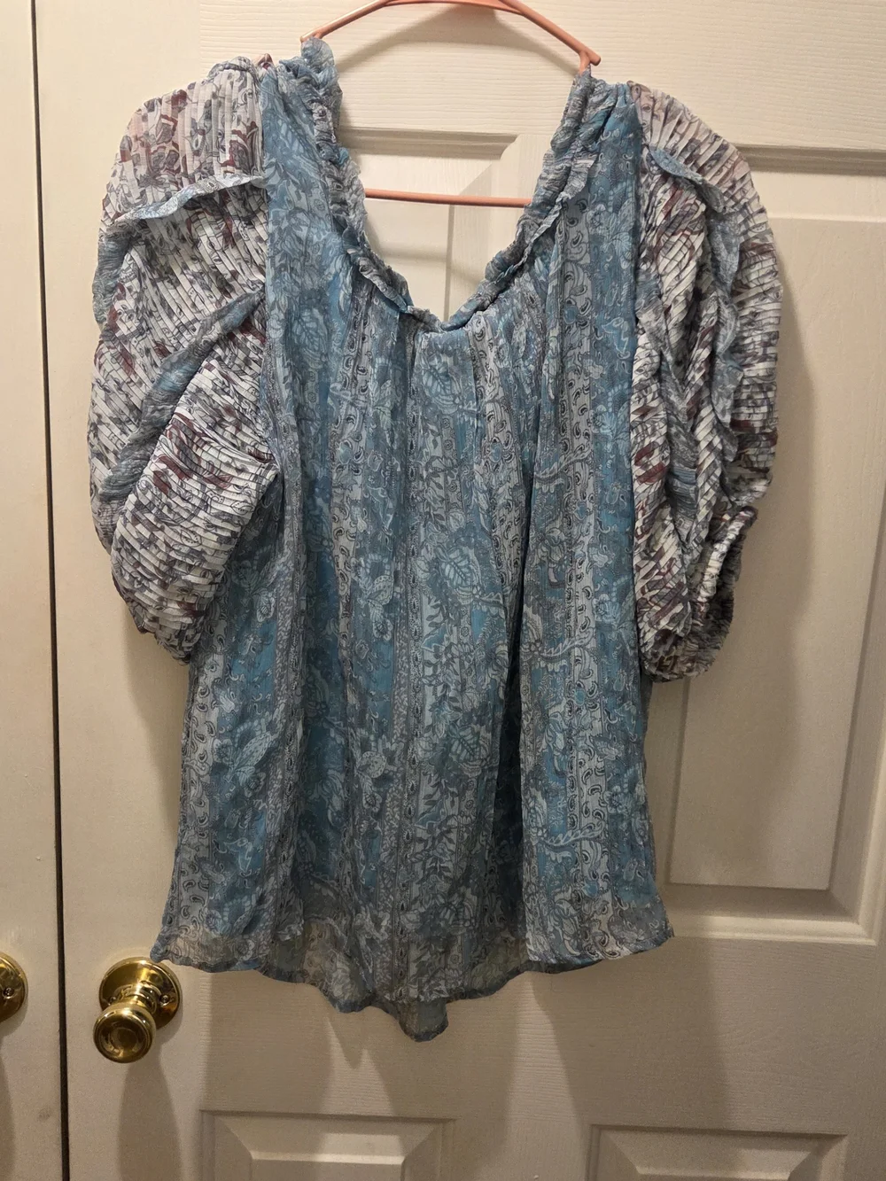 Anthropologie Light Blue Paisley Puff-Sleeve Blouse